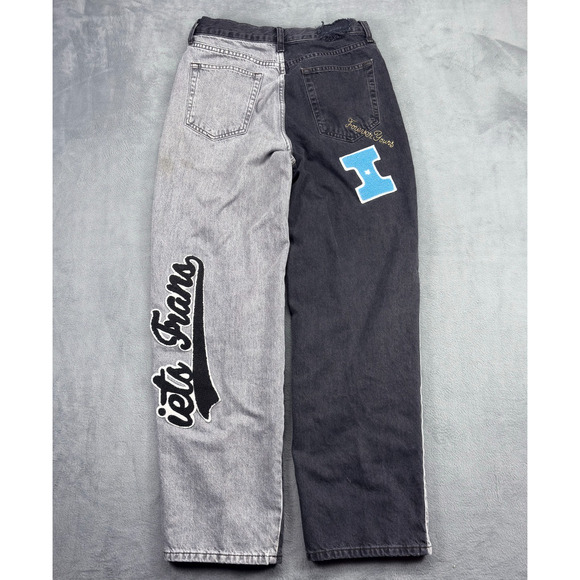 BDG Sustain Boyfriend Jean Women 29W Gray/Black Spliced Varsity Patch iets Frans - Picture 2 of 10